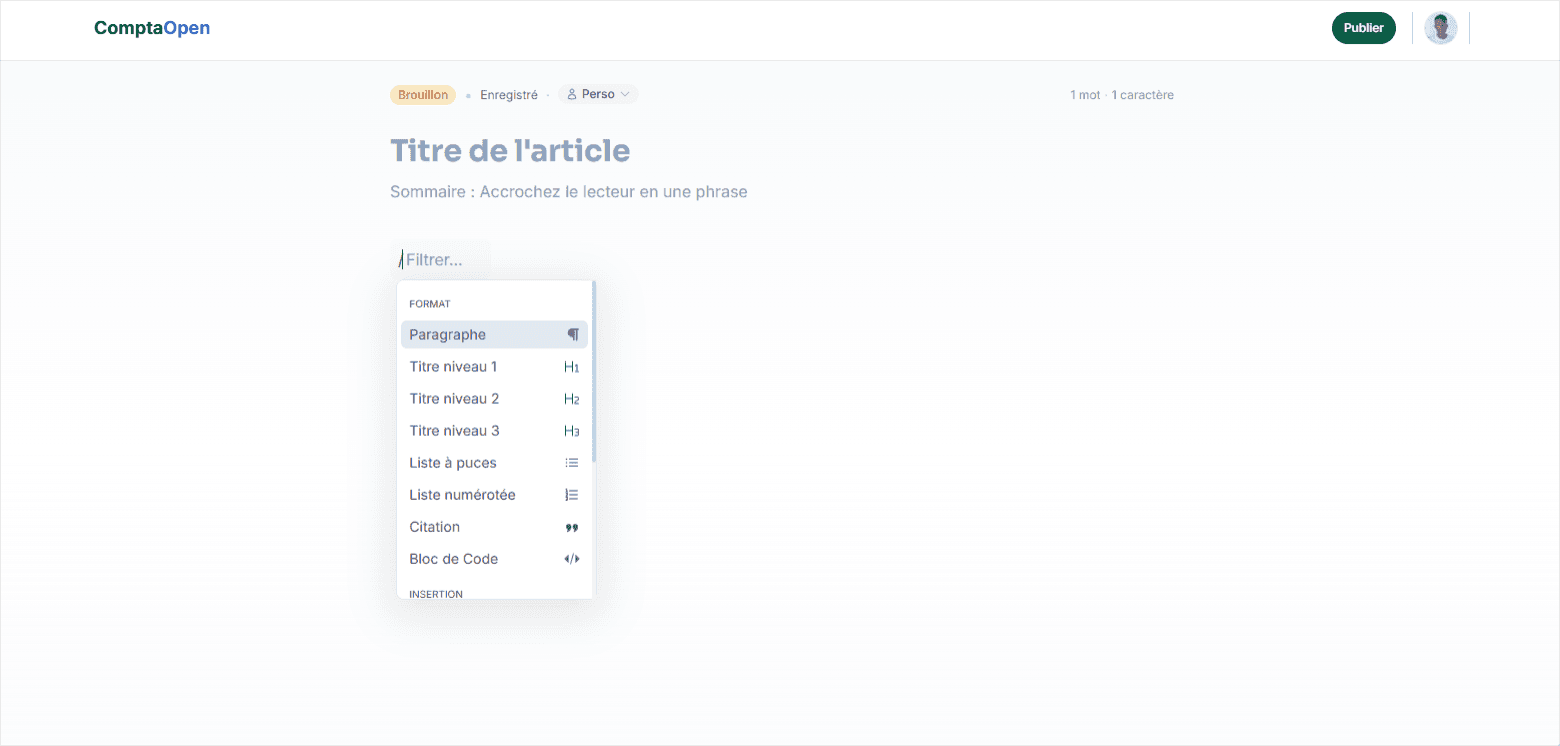 L'éditeur d'article de ComptaOpen avec le menu d'insertion ouvert