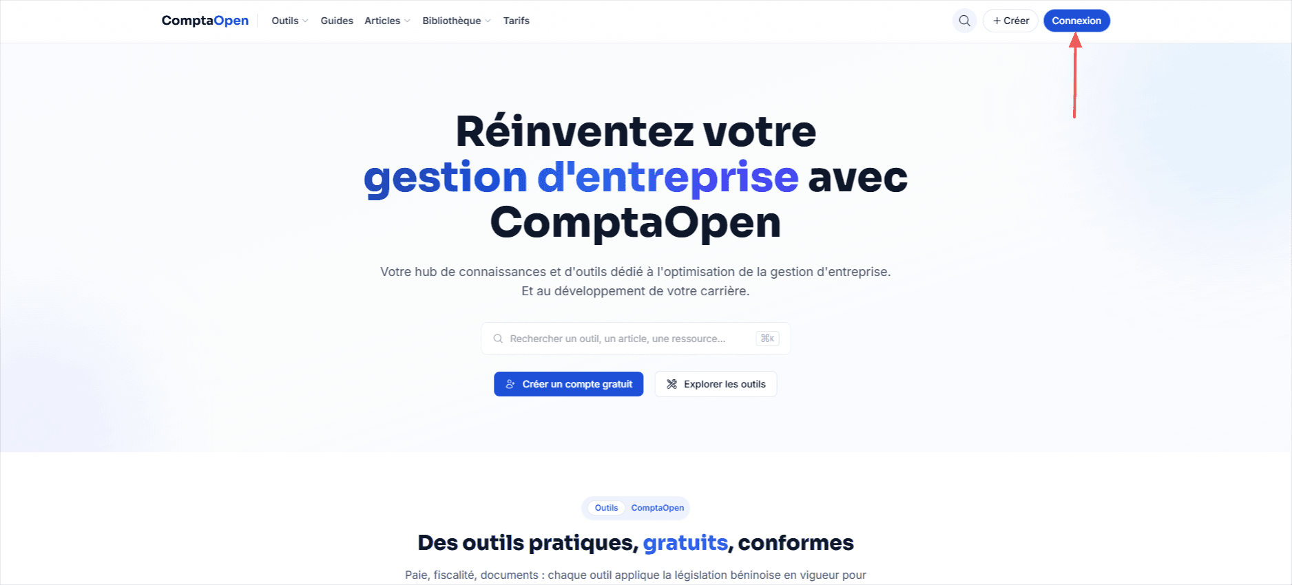 Le bouton de connexion dans l'en-tête de ComptaOpen