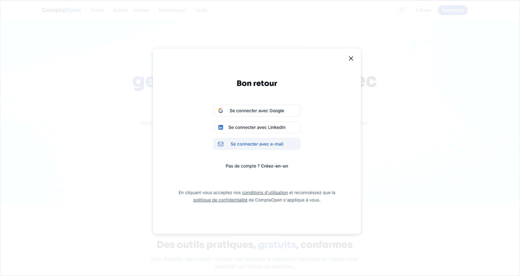 La fenêtre de connexion et d'inscription de ComptaOpen