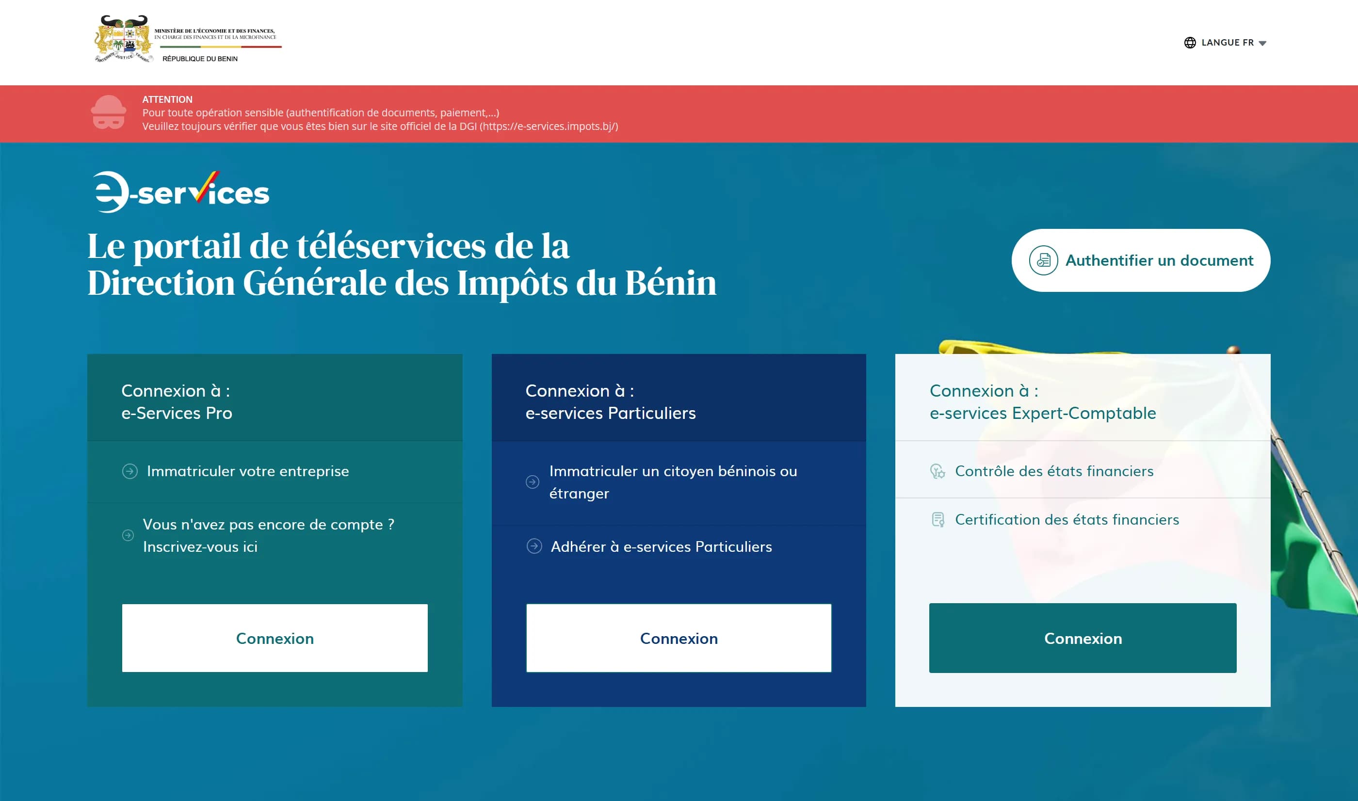 Page de connexion de la plateforme e-services de la DGI, avec ses trois espaces : Pro, Particuliers et Expert-Comptable