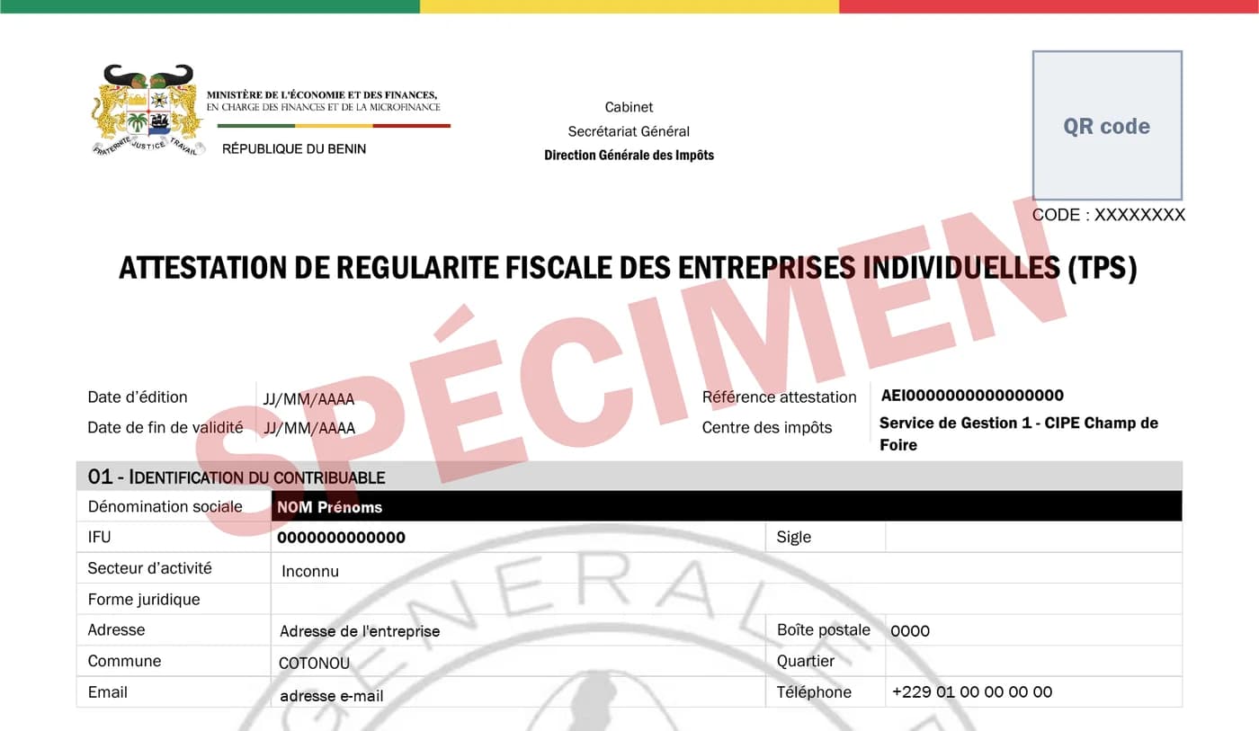 Spécimen d'attestation de régularité fiscale des entreprises individuelles : en-tête de la DGI, dates d'édition et de validité, identification du contribuable