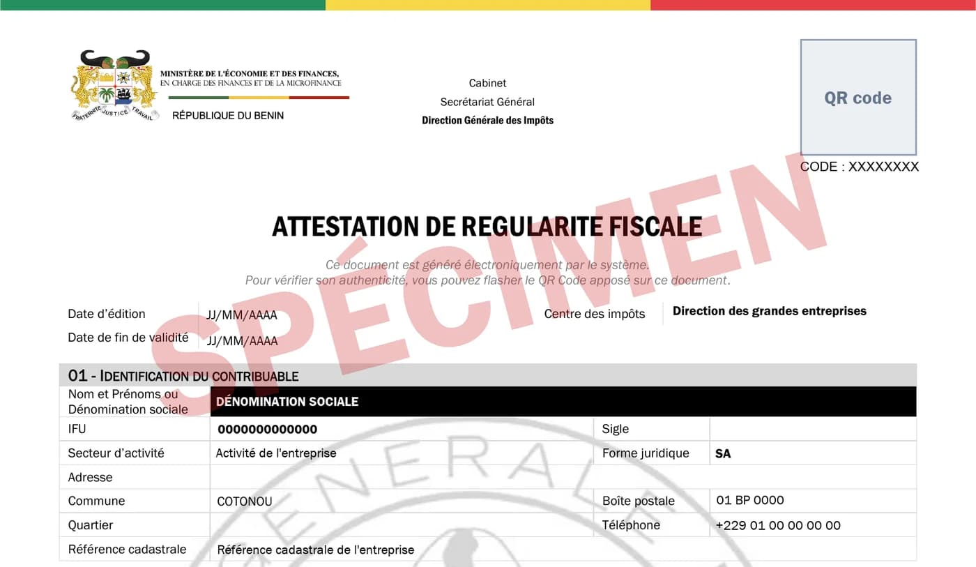 Spécimen d'attestation de régularité fiscale : en-tête de la DGI, dates d'édition et de validité, identification du contribuable